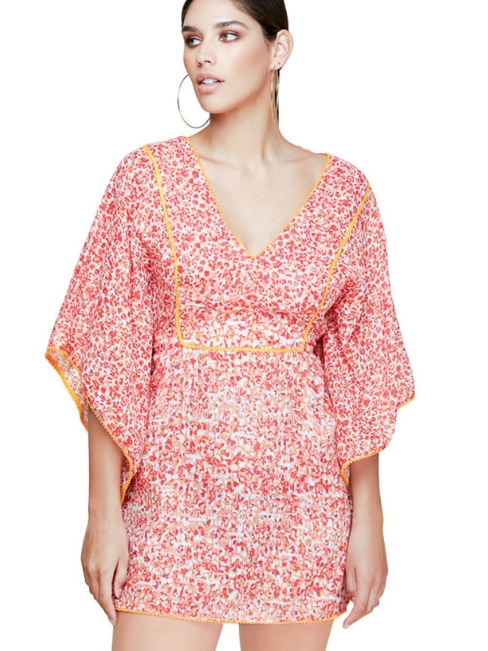 NWT Floral V-Neck Tunic in Coral and Yellow Trim size OS 100% cotton